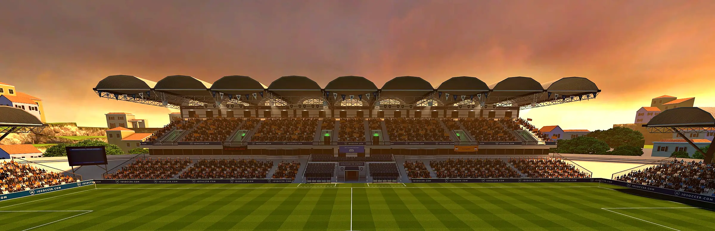 Serwer IOSoccer: wypełniony po brzegi stadion piłkarski z zadaszoną trybuną świeci w zachodzącym słońcu nad boiskiem w pasy