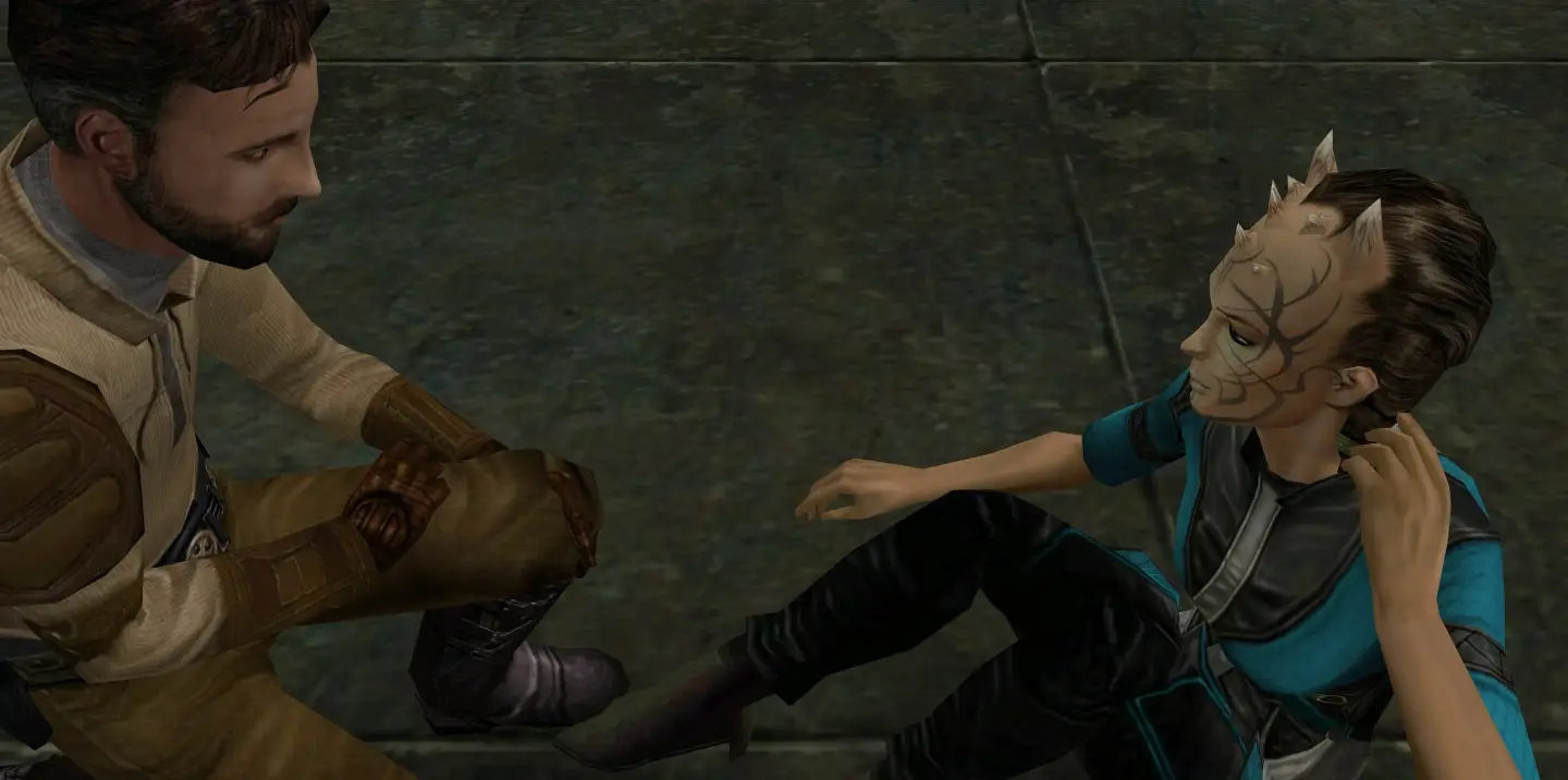 Jedi Knight: Jedi Academy server hosting: a horned Zabrak Jedi student sits on a stone floor beside Jedi Master Kyle Katarn in a cut-scene