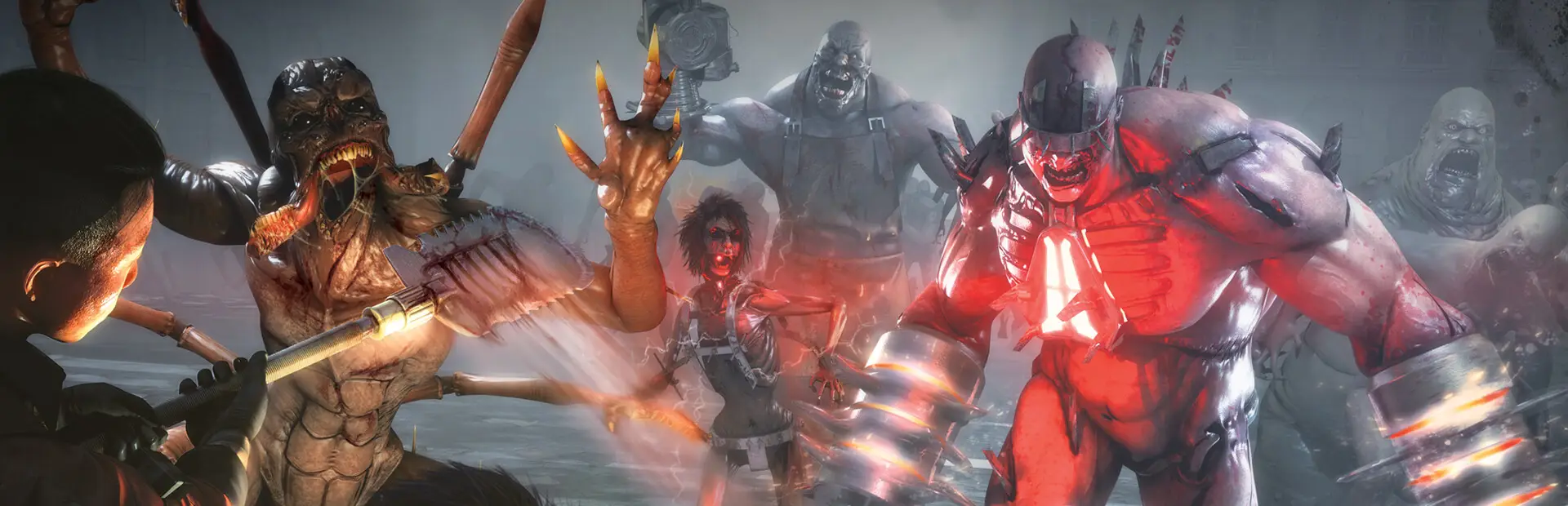 Killing Floor 2 server hosting: a player faces a horde of mutant Zeds led by a glowing red Fleshpound with grinder arms on a foggy city street