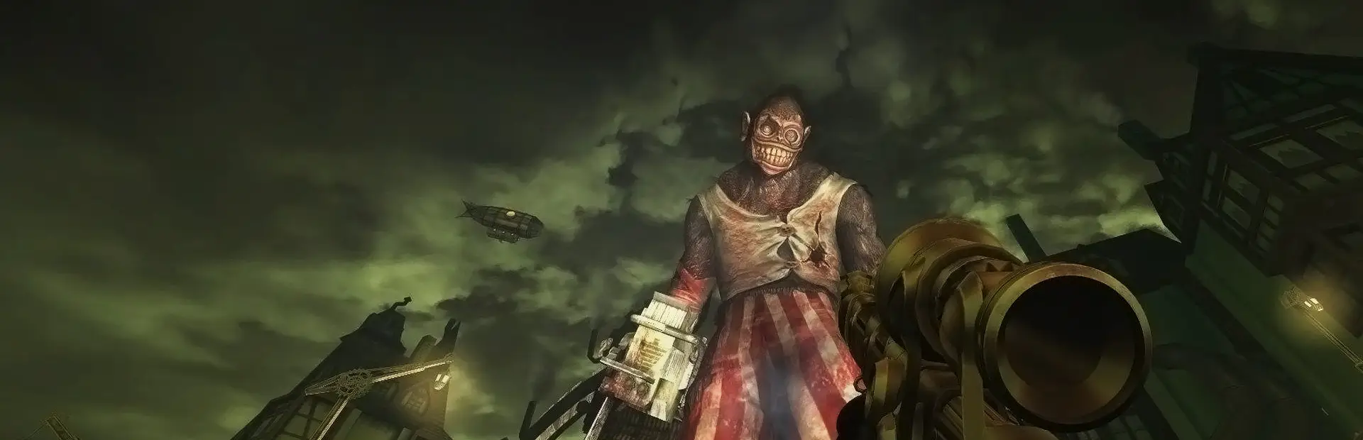 Hosting server Killing Floor: uno specimen ghignante e coperto di sangue avanza verso la pistola alzata di un giocatore, sotto un cielo verde in tempesta e un dirigibile