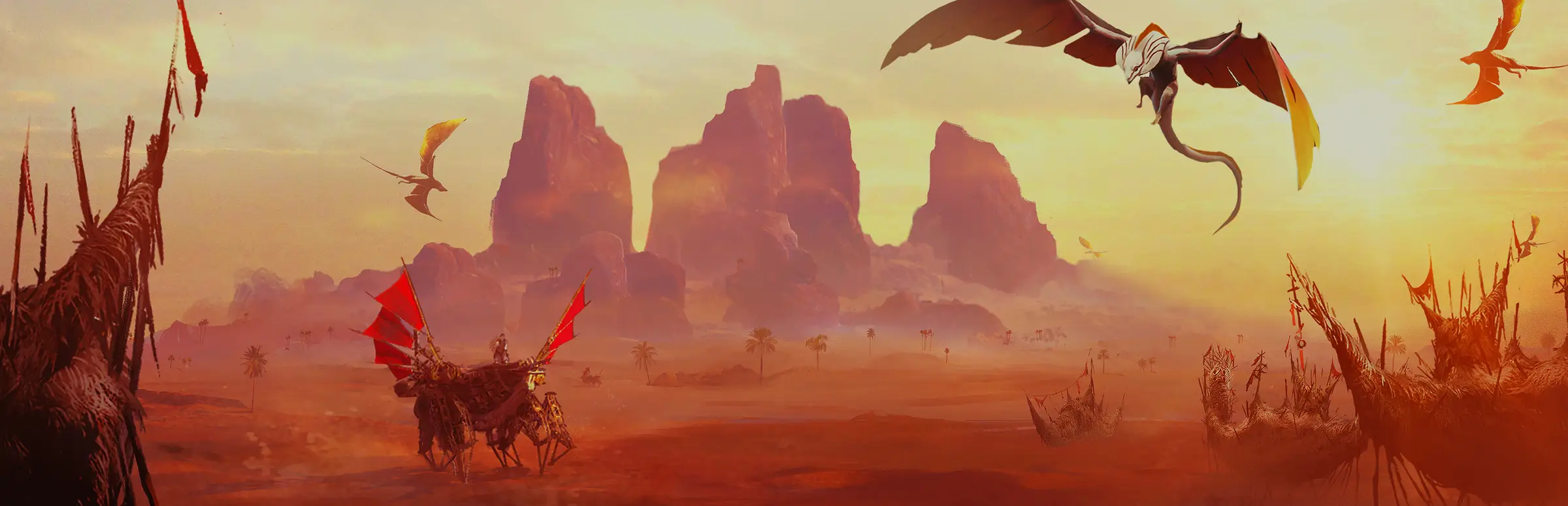 Last Oasis server hosting: a wooden walker machine strides across a red desert of rock spires as winged beasts circle overhead