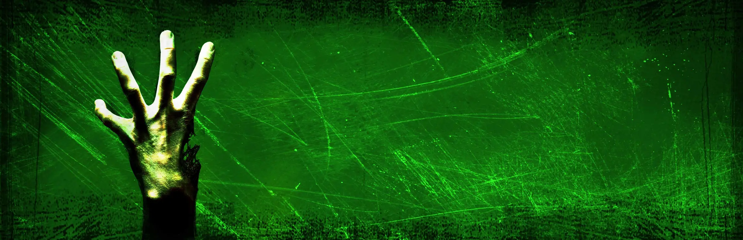 Left 4 Dead server hosting: an infected hand with a missing finger reaches up out of a scratched, glowing green background
