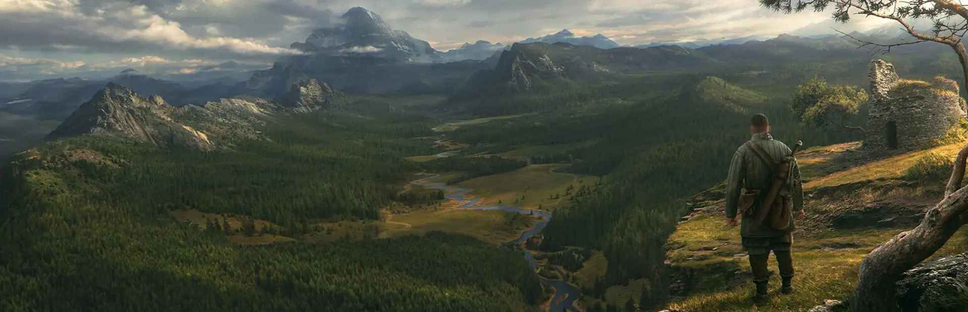 Hosting server Life is Feudal: un viaggiatore accanto a vecchie rovine di pietra guarda un’ampia valle verde con un fiume e le montagne