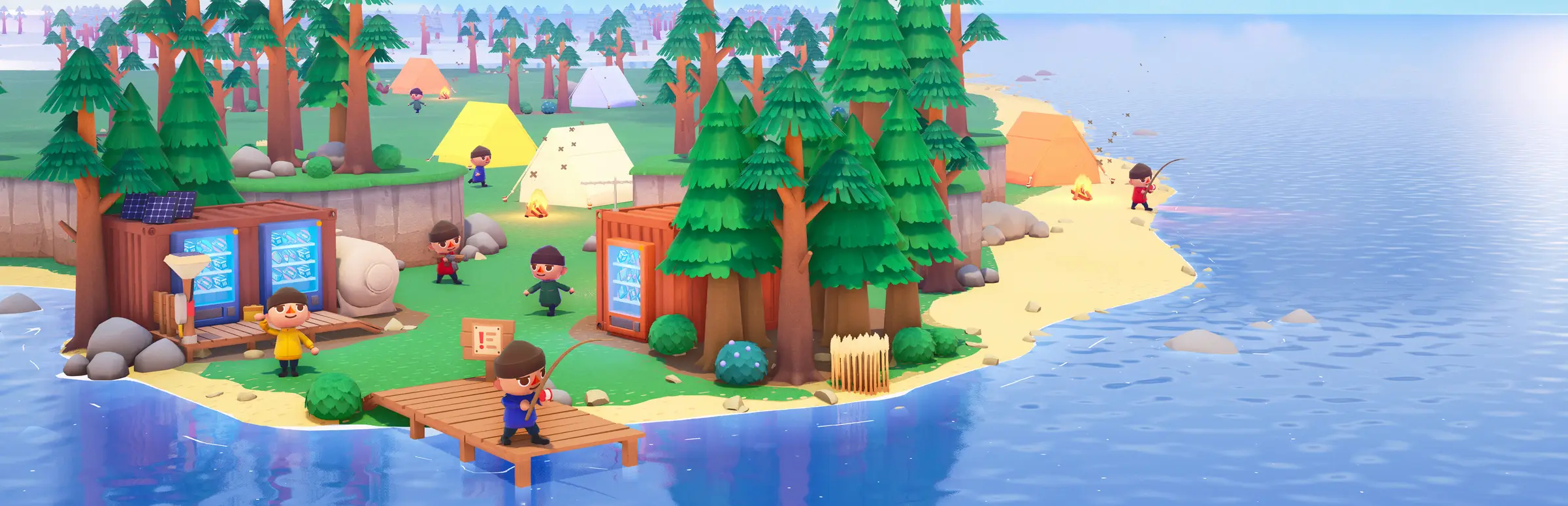 Longvinter server hosting: players fish from a wooden jetty and camp in tents beside shipping containers on a pine-covered island