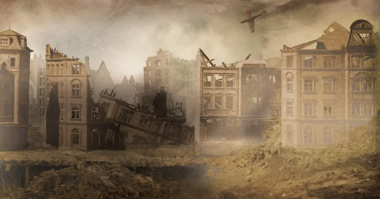 Medal of Honor: Breakthrough server hosting: dust and smoke drift through a ruined city of shattered townhouses as a fighter plane dives overhead