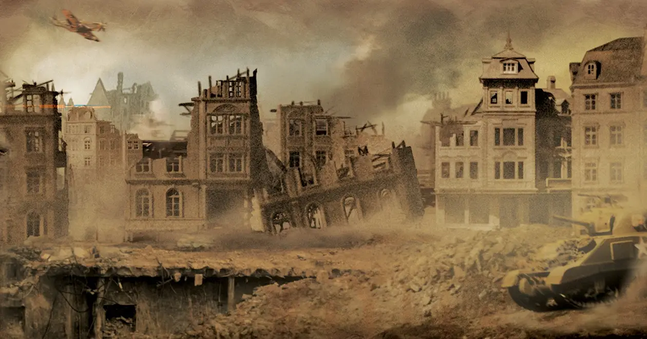 Medal of Honor Spearhead server hosting: a Sherman tank rolls into a bombed-out European city of gutted townhouses as a fighter plane flies over the smoke