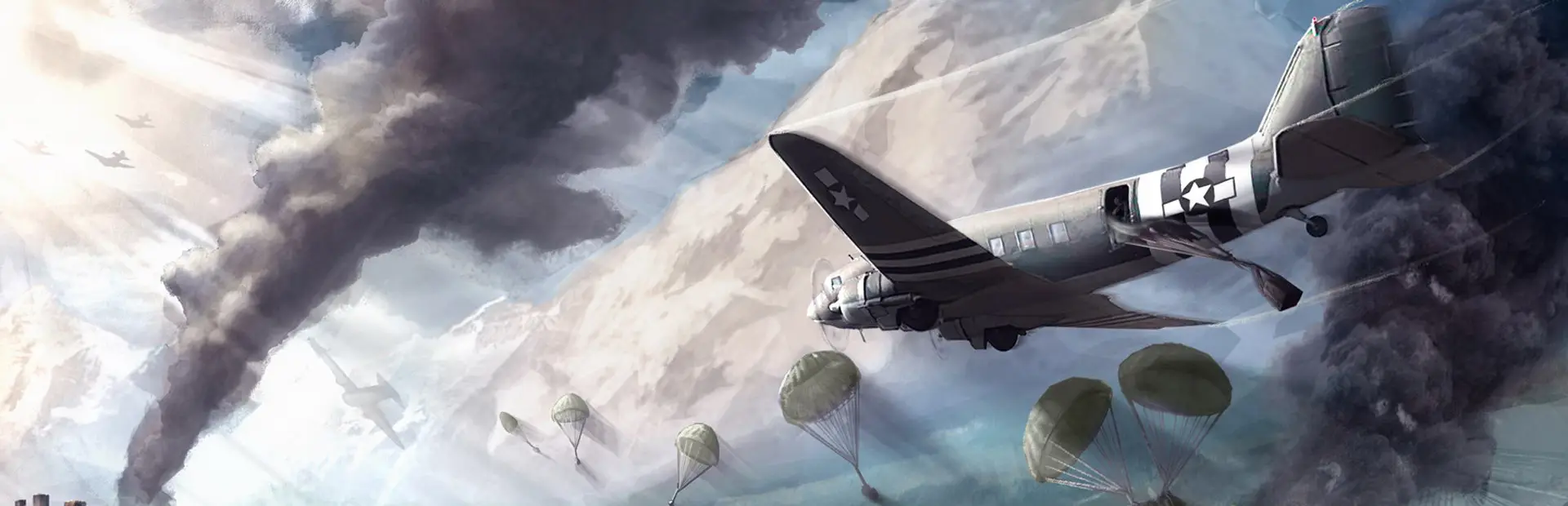 Medal of Honor Airborne server hosting: a C-47 transport plane drops paratroopers through grey clouds and columns of black smoke