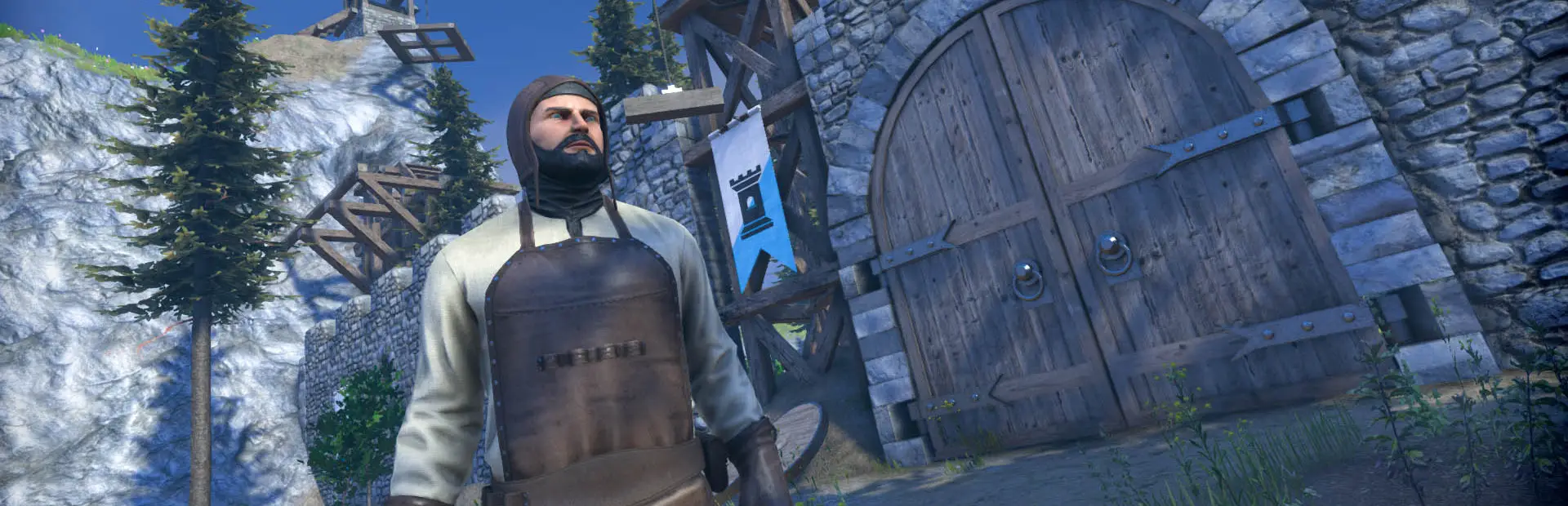 Medieval Engineers server hosting: a bearded engineer in a leather apron stands by a huge wooden castle gate with a blue banner on a snowy mountainside