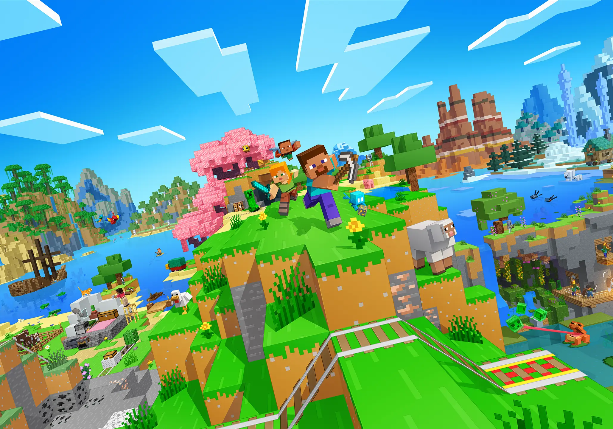 Minecraft Bedrock Server mieten: Steve und Alex springen durch eine sonnige Blockwelt mit Hügeln, Flüssen, Bergen und Mobs