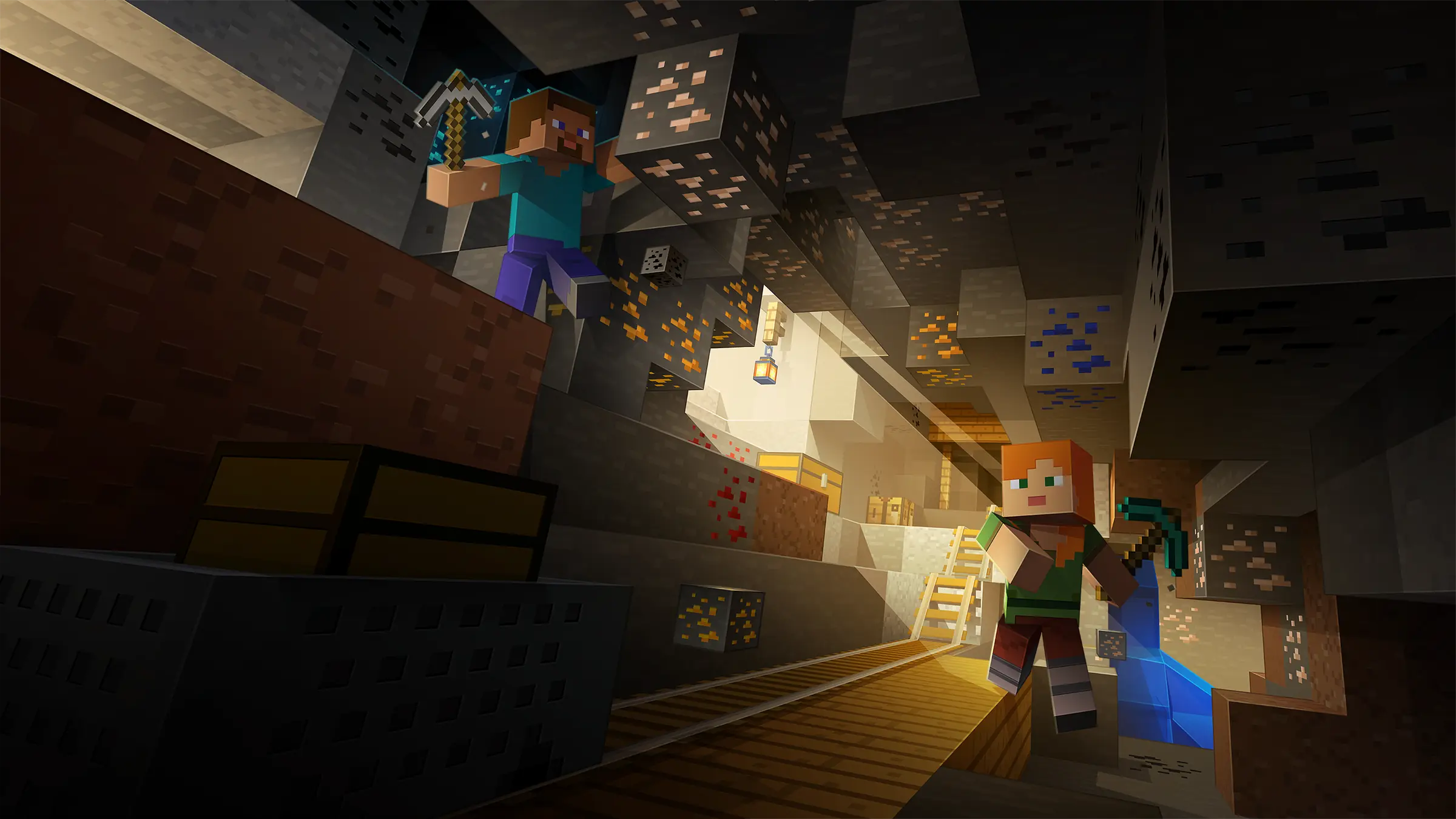 Hosting server Minecraft: Steve e Alex, piccone in mano, corrono in una galleria di miniera piena di minerali