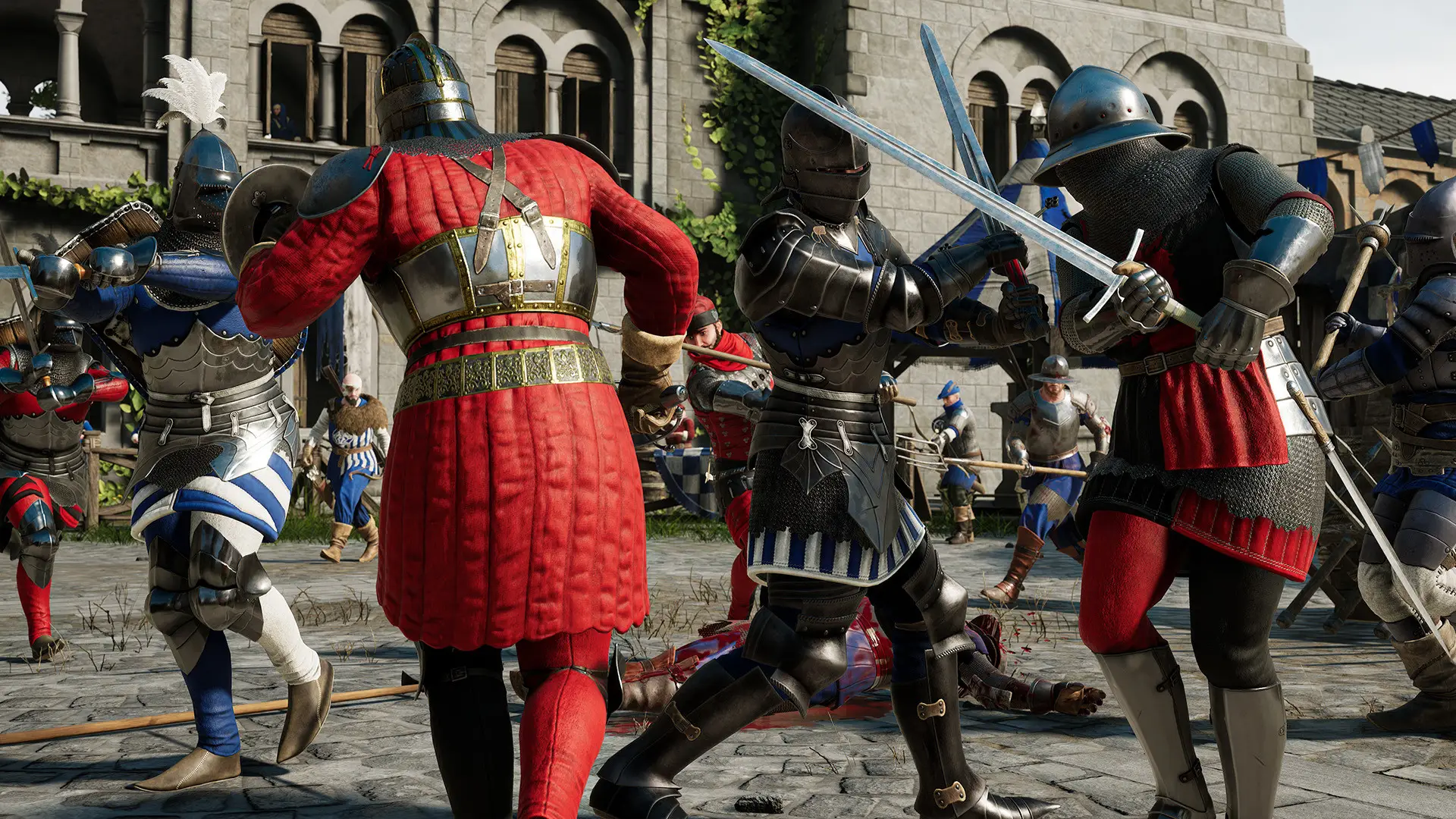 Mordhau server hosting: armoured knights in red and blue clash with swords in a crowded town square
