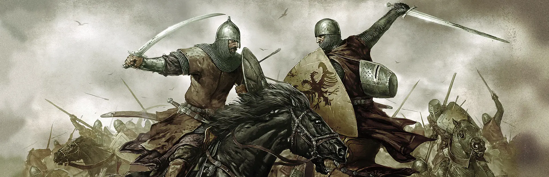 Mount and Blade Warband server hosting: two mounted knights clash with swords and shields in the middle of a cavalry battle
