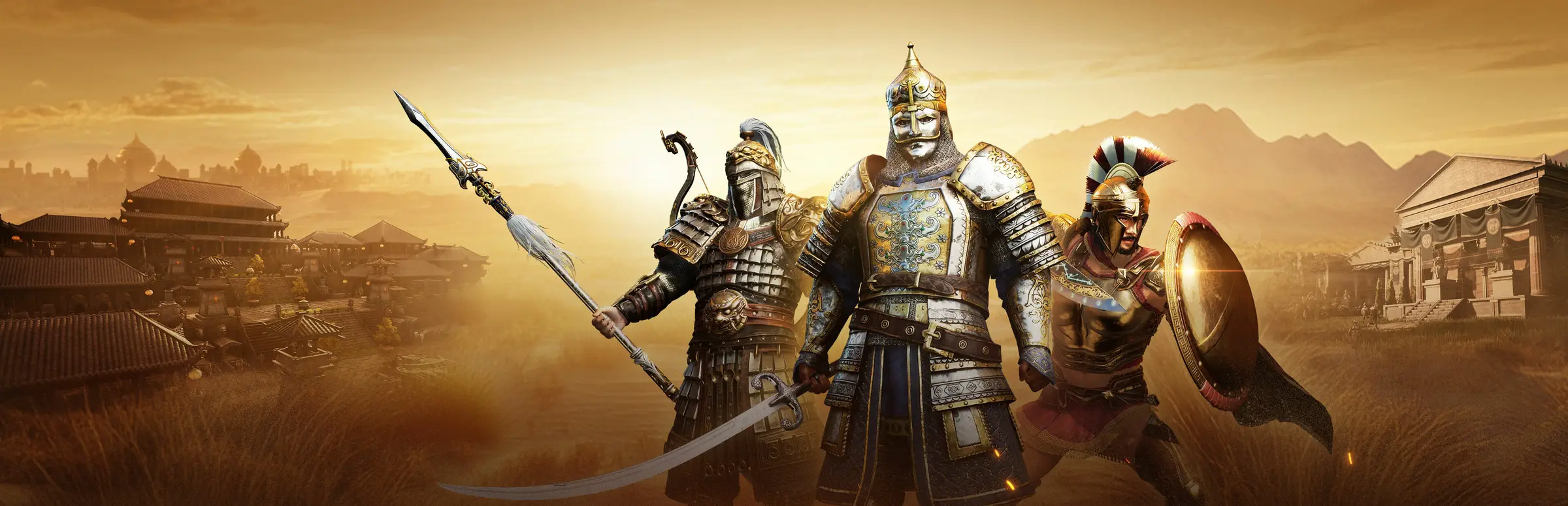 Myth of Empires server hosting: three armoured warriors with a spear, a sabre and a round shield stand between an Eastern palace and a Greek temple