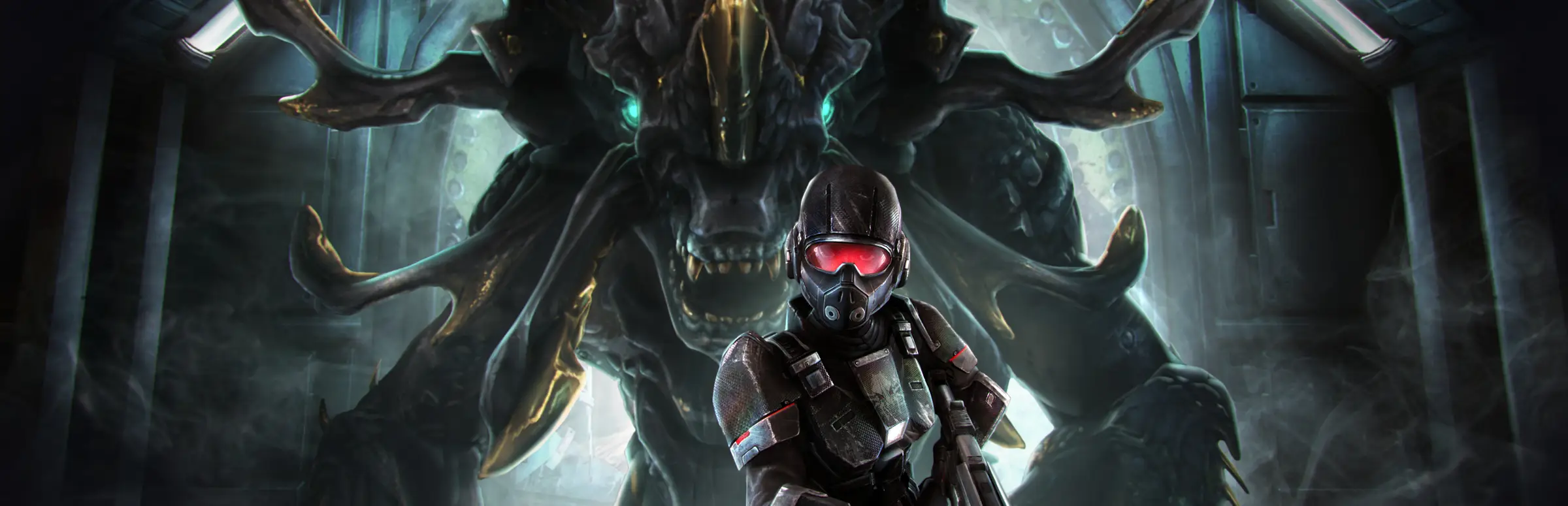 Natural Selection 2 server hosting: a marine with red goggles and a rifle stands in front of a giant tentacled Kharaa alien in a dark station