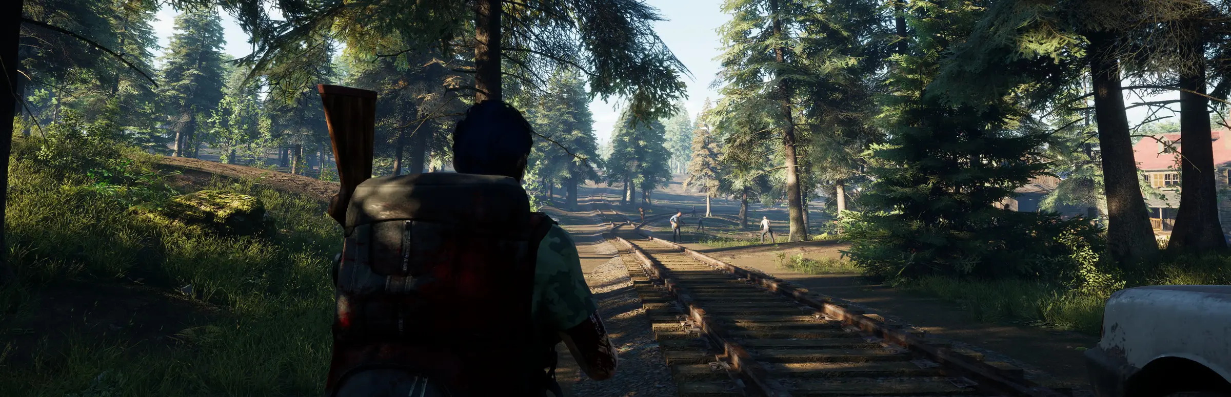 No One Survived server hosting: a survivor looks down an overgrown railway line through a sunlit pine forest as zombies shamble towards him