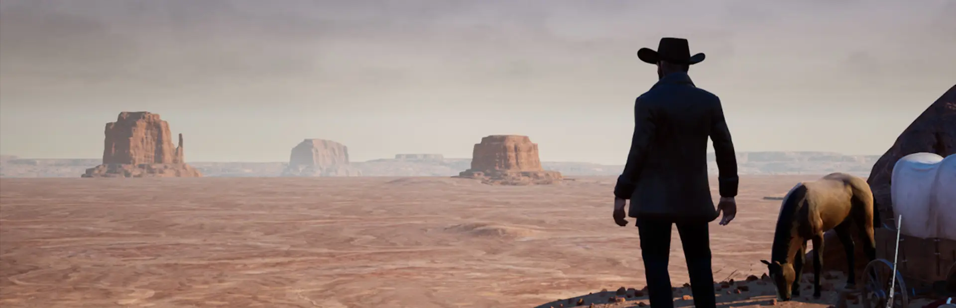 Servidor Outlaws of the Old West: um cowboy ao lado do seu cavalo olha para um deserto vermelho de planaltos