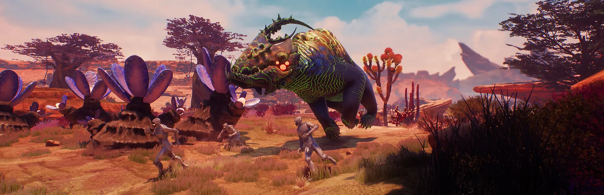 Outpost Zero server hosting: a huge spiked alien beast charges after three fleeing robots across a red alien savanna
