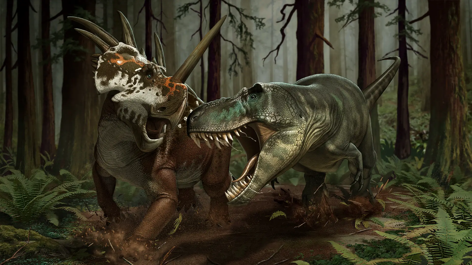 Servidor Path of Titans: um tiranossauro enfrenta um ceratopsídeo com cornos numa floresta pré-histórica envolta em névoa
