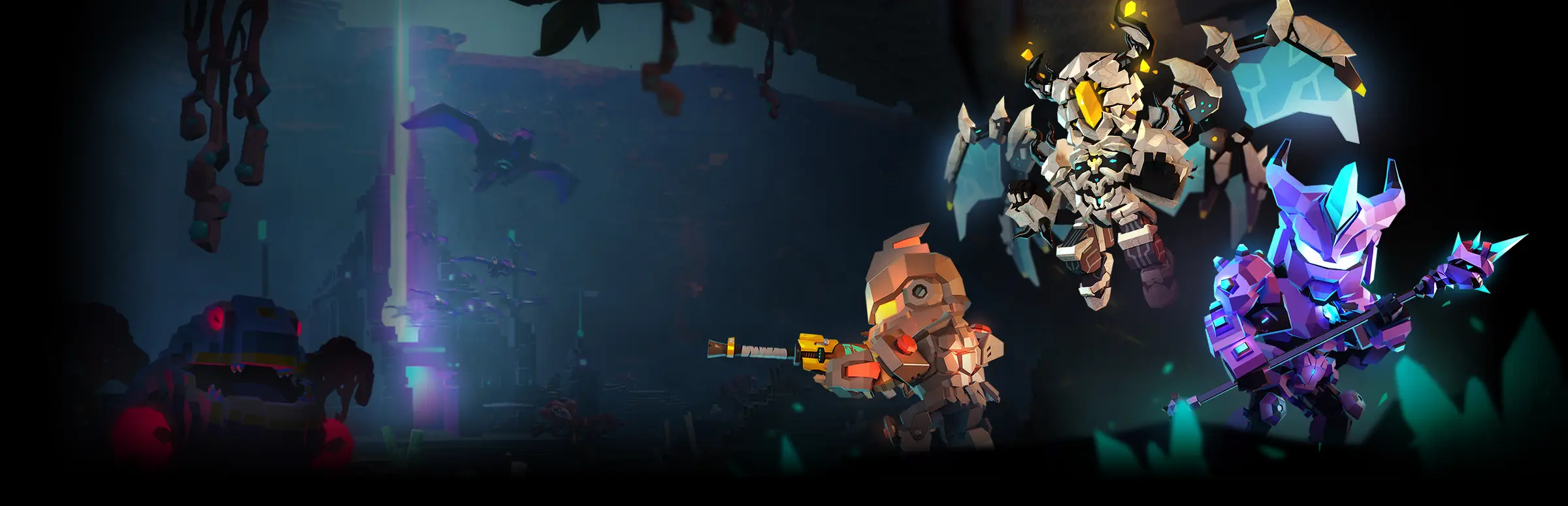 Hosting servidor PixARK: tres héroes de bloques con armadura, uno de ellos alado, avanzan por una cueva oscura de vóxeles donde acecha una criatura de ojos rojos