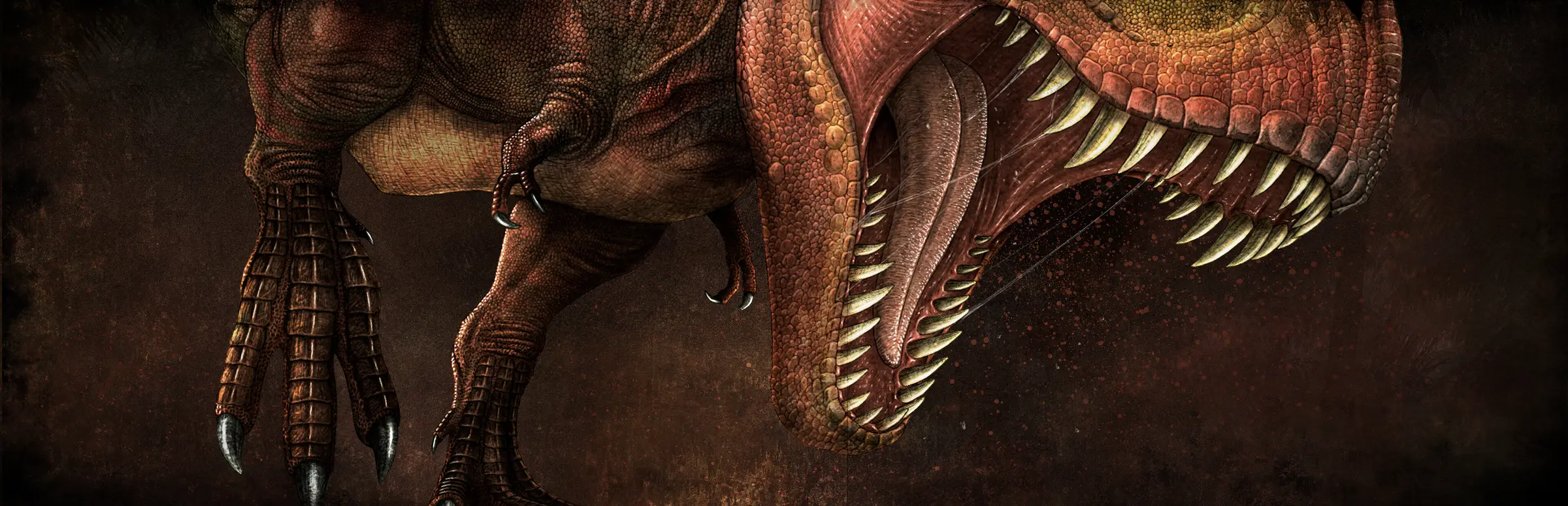 Primal Carnage: Extinction server hosting: a roaring Tyrannosaurus rex bares its teeth over its clawed feet