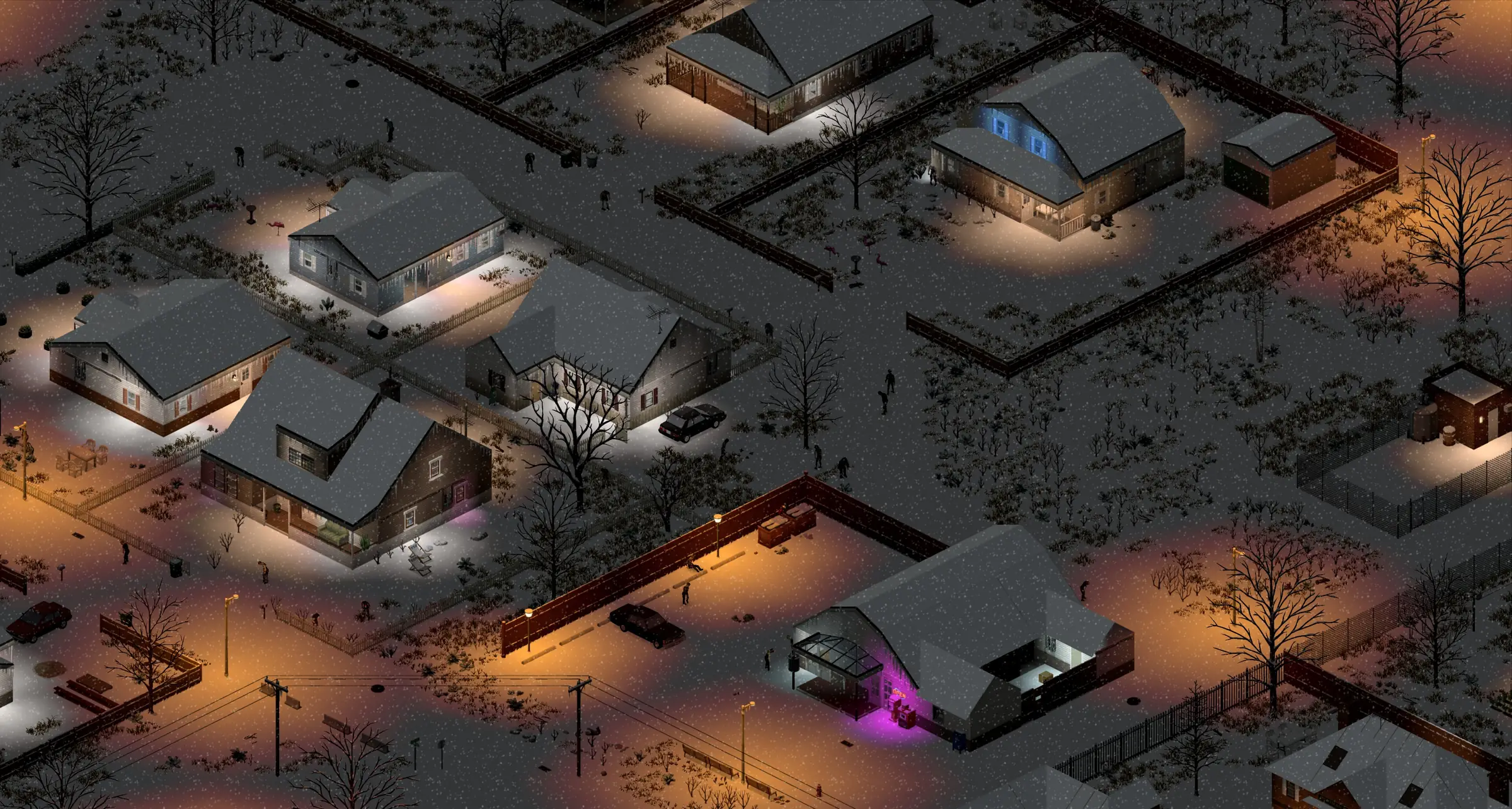 Hosting server Project Zomboid: una piccola città innevata di notte, con le case illuminate dai lampioni, vista dall’alto
