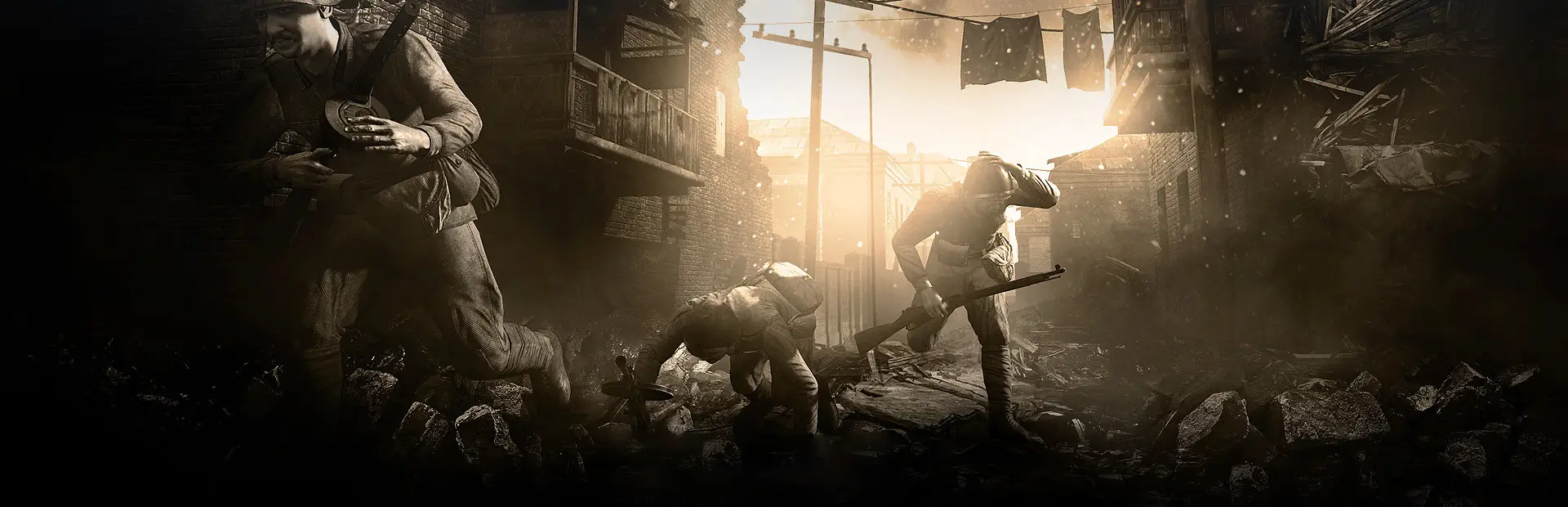 Hosting servidor Red Orchestra 2: arte en sepia de soldados soviéticos y alemanes combatiendo en una calle en ruinas de Stalingrado bajo el sol