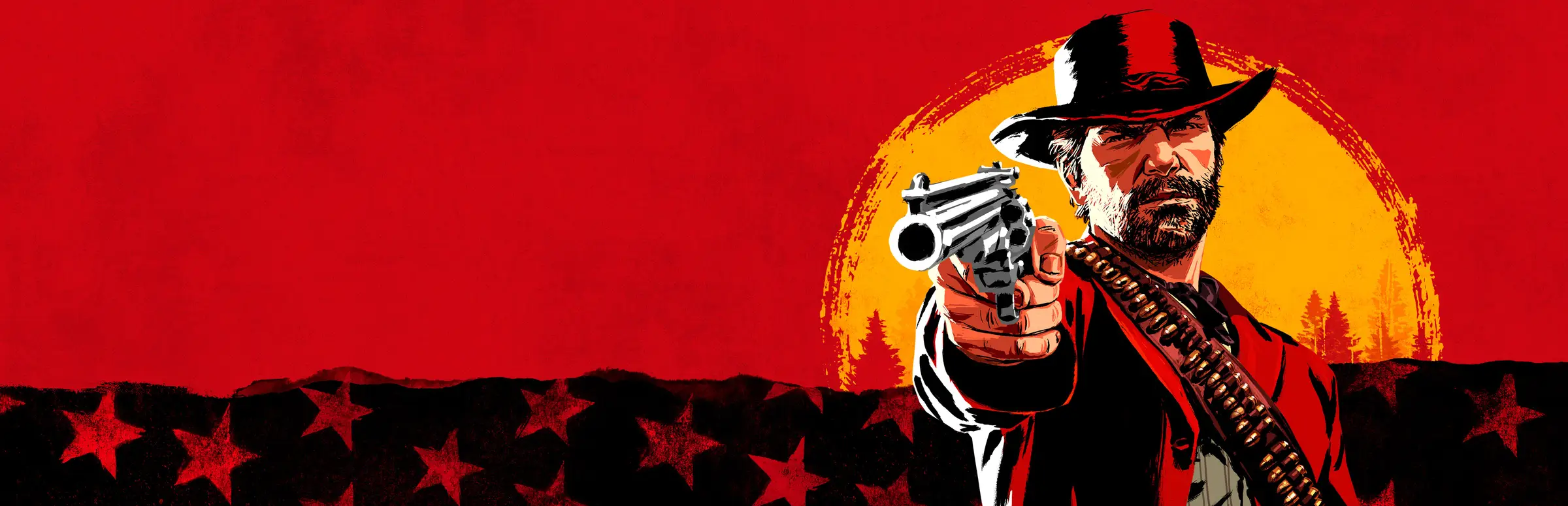 RedM Server mieten: Arthur Morgan aus Red Dead Redemption 2 zielt mit seinem Revolver vor rotem Himmel und gelber Abendsonne
