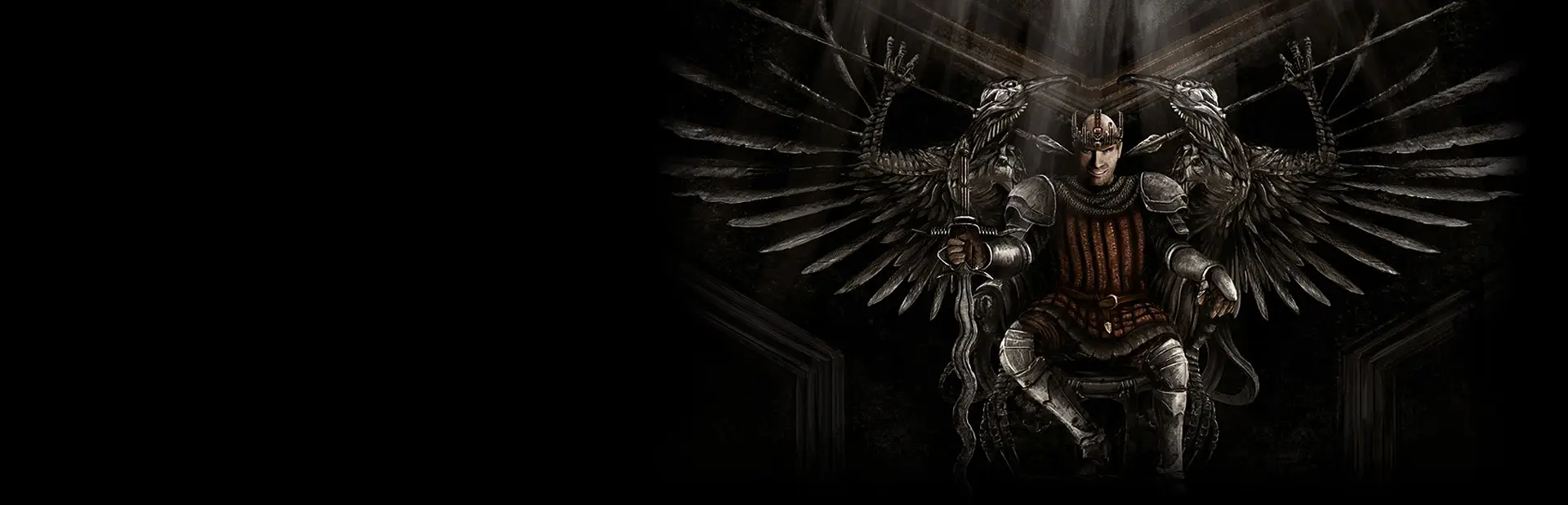 Hosting servidor Reign of Kings: un rey con corona y armadura, espada en mano, sentado en un trono con grandes alas oscuras desplegadas a su espalda