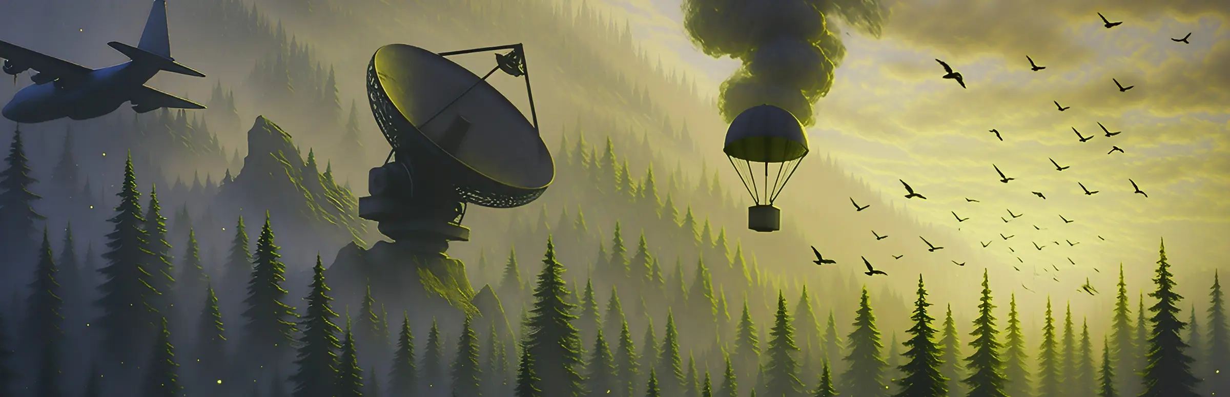 Remnants server hosting: a supply crate parachutes past a giant radar dish over a misty pine forest as a cargo plane flies off and birds scatter