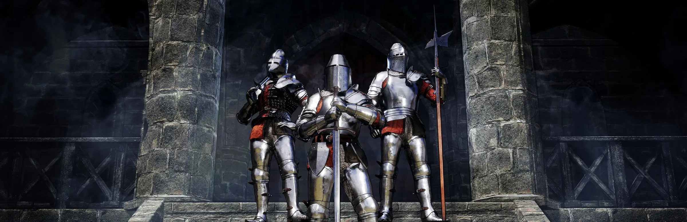 Renown server hosting: three knights in full plate armour, one with a halberd, stand in a dark stone gateway between two towers