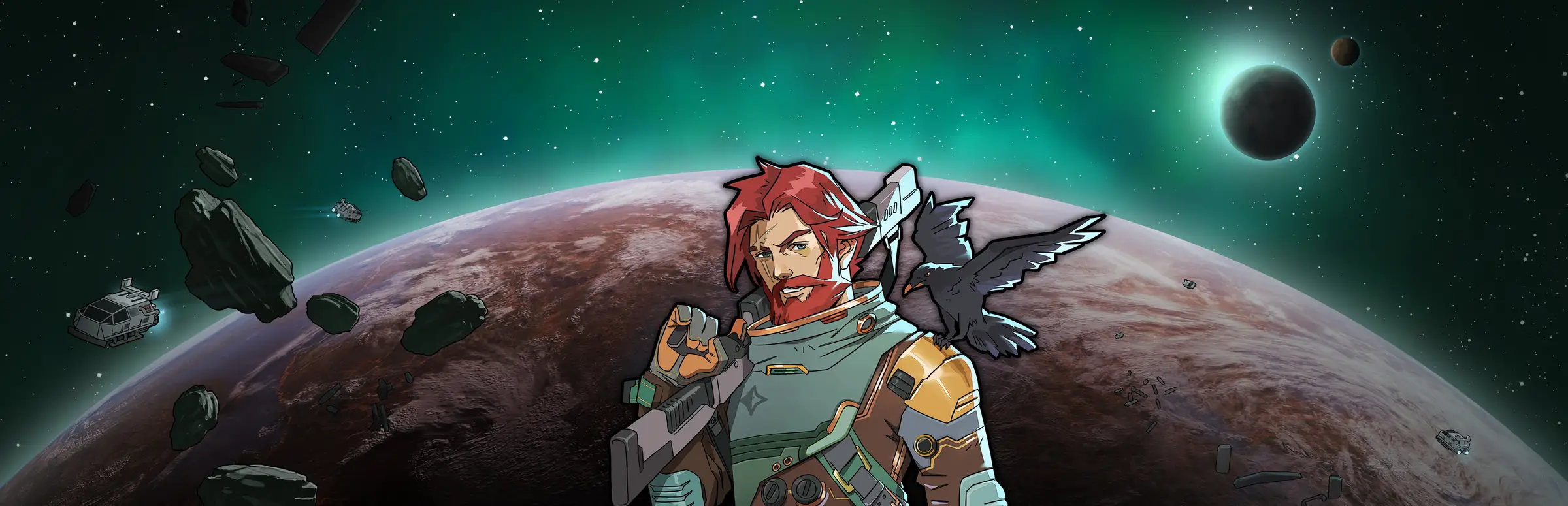 RimWorld Together server hosting: a red-bearded colonist in a space suit stands with a raven above a planet among drifting asteroids