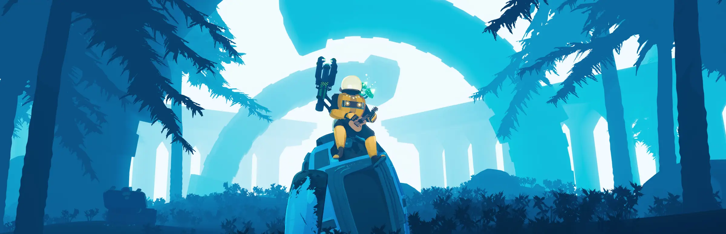 Risk of Rain 2 server hosting: a survivor in a yellow suit and glass helmet plays a ukulele on top of a crashed drop pod in a blue alien forest of stone arches