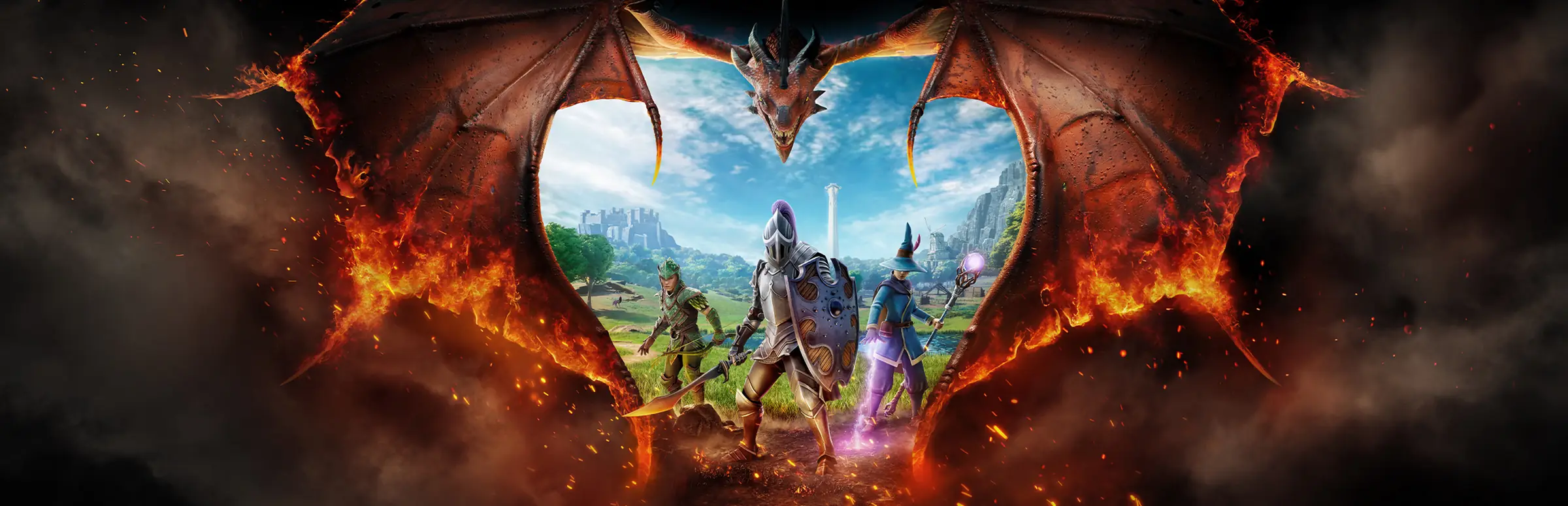 Hébergement serveur RuneScape: Dragonwilds: une équipe d’aventuriers encadrée par les ailes enflammées d’un immense dragon rouge