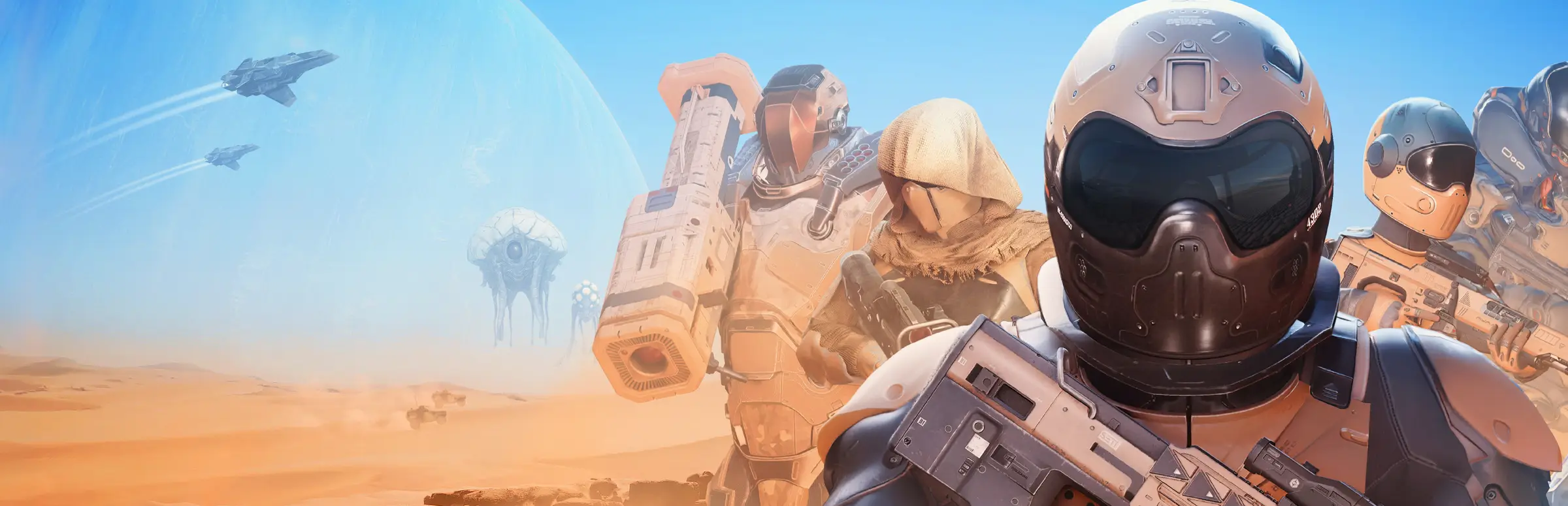 Silica server hosting: helmeted soldiers with heavy rifles stand on an orange desert planet as dropships and alien creatures fly overhead