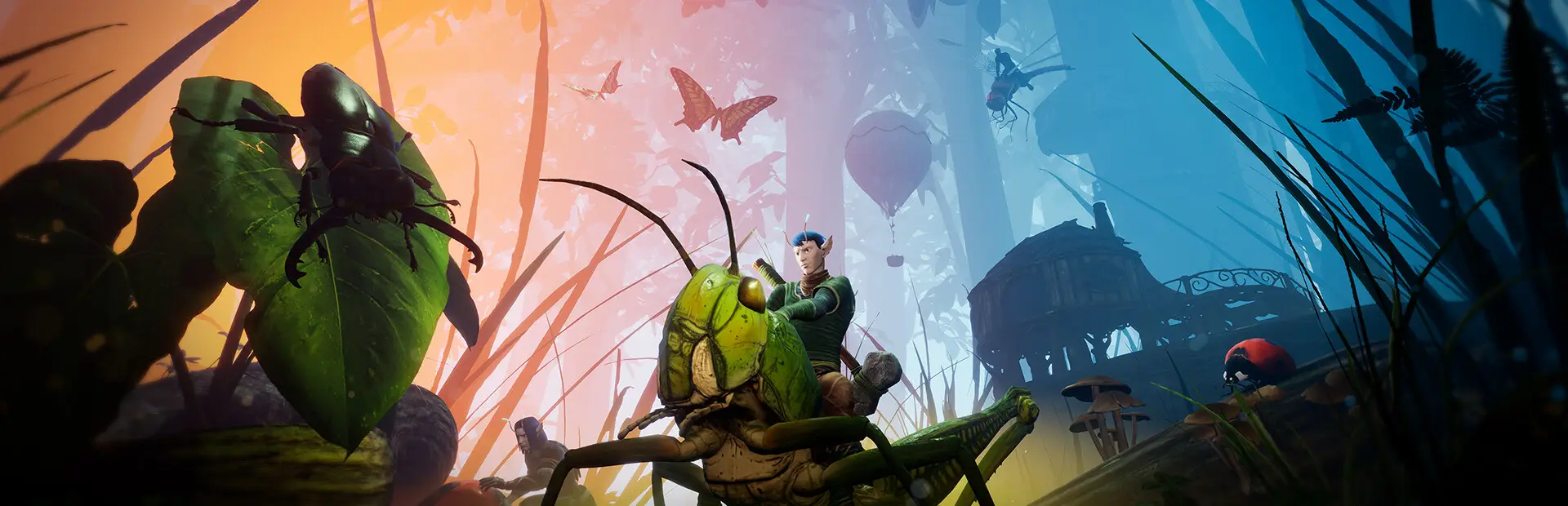 Smalland server hosting: a tiny warrior rides a grasshopper through giant grass past a stag beetle, butterflies and a ladybird