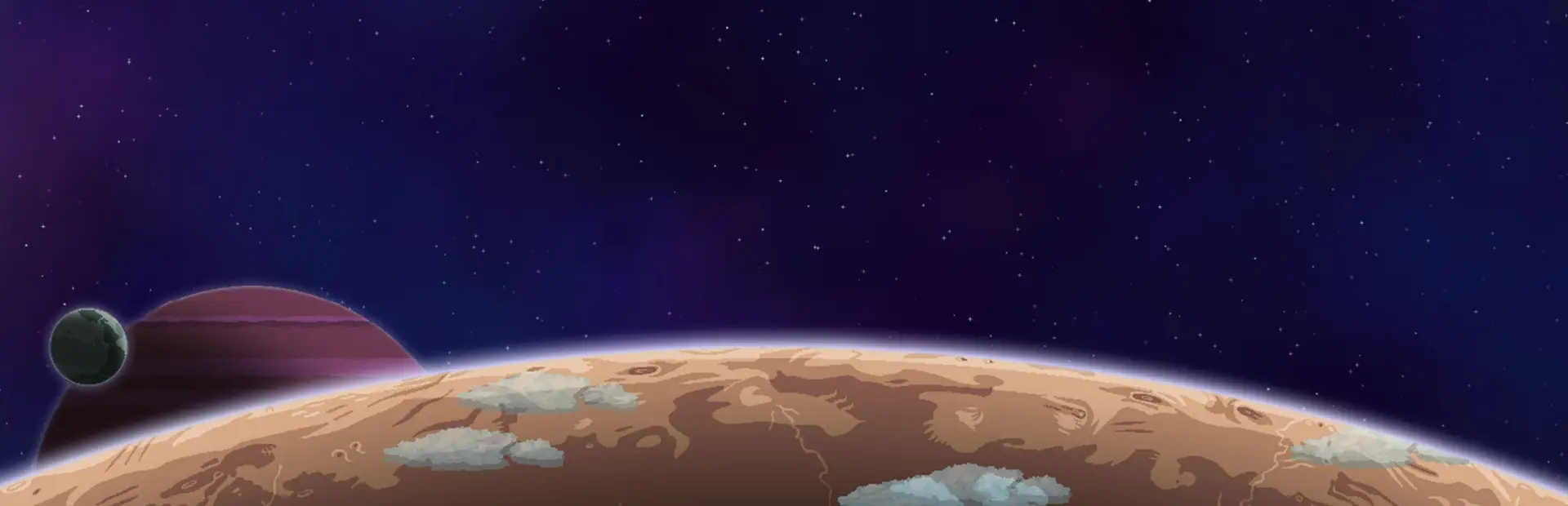 Starbound Server mieten: die Krümmung eines orangefarbenen Alien-Planeten mit treibenden Wolken, ein gestreifter Gasriese und ein kleiner Mond unter einem Sternenhimmel