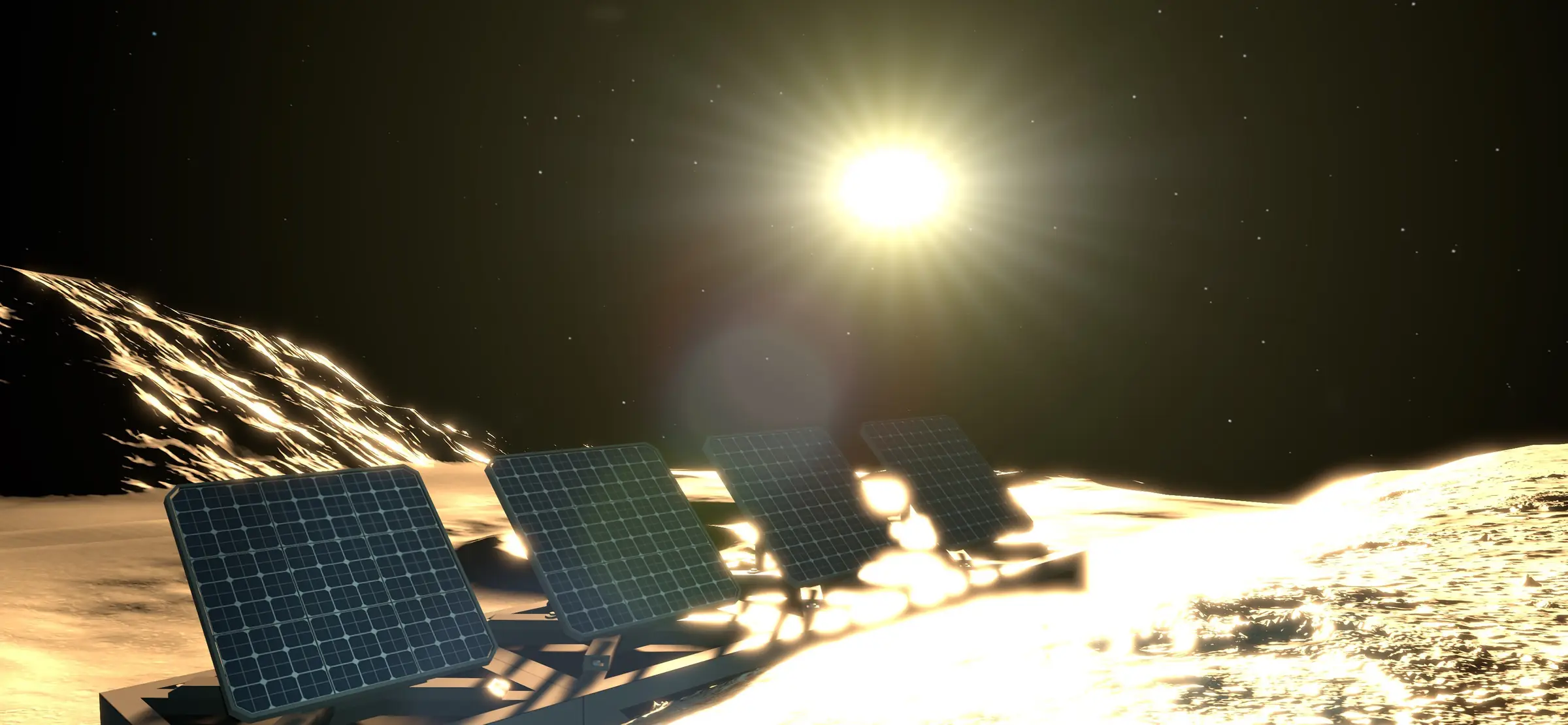 Stationeers Server Kiralama: kavurucu bir güneş ve yıldızlı gökyüzü altında, kayalık bir ayın yüzeyindeki güneş panelleri
