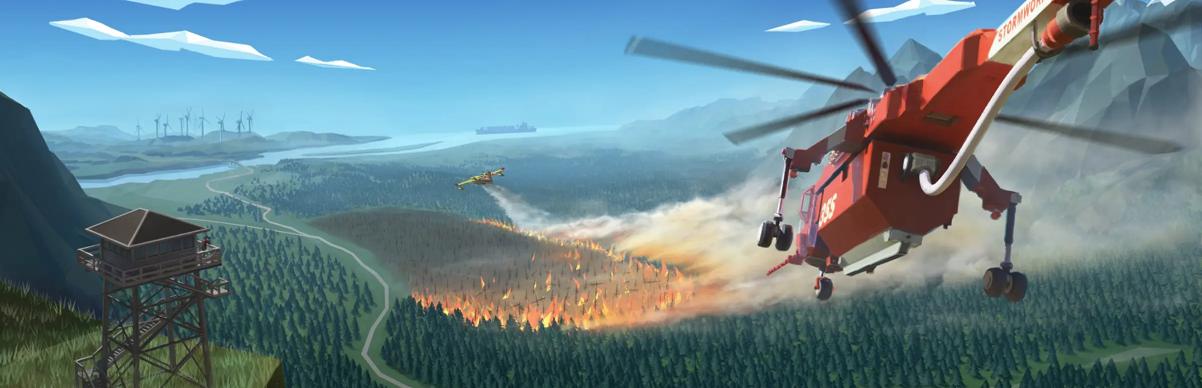 Hosting server Stormworks: Build and Rescue: un elicottero antincendio rosso e un aereo cisterna combattono un incendio boschivo vicino a una torre di avvistamento
