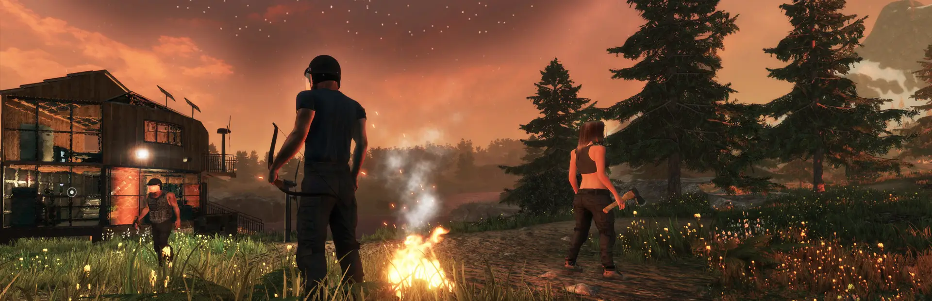 Subsistence server hosting: survivors with a bow and an axe stand round a campfire at dusk beside their wood and glass base