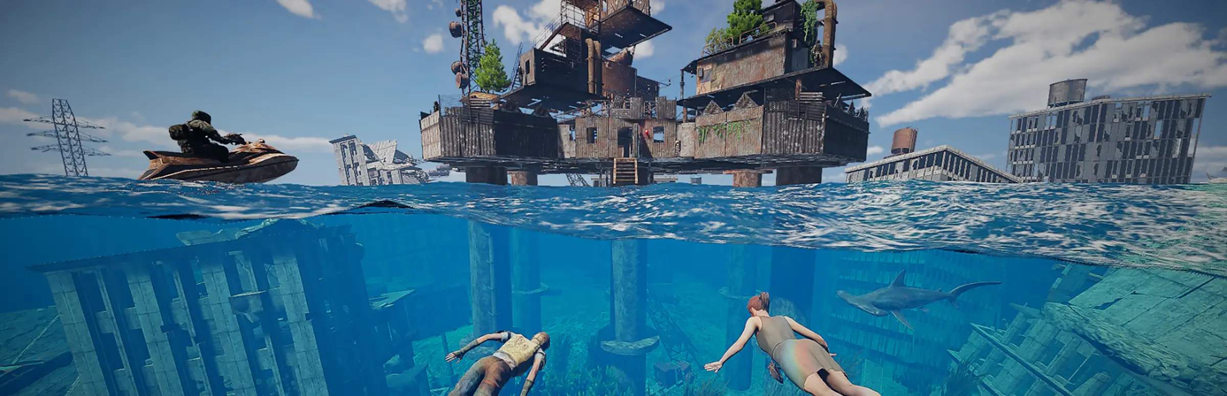 Sunkenland server hosting: a jet ski races past a rusty oil-rig base while divers swim over sunken buildings below