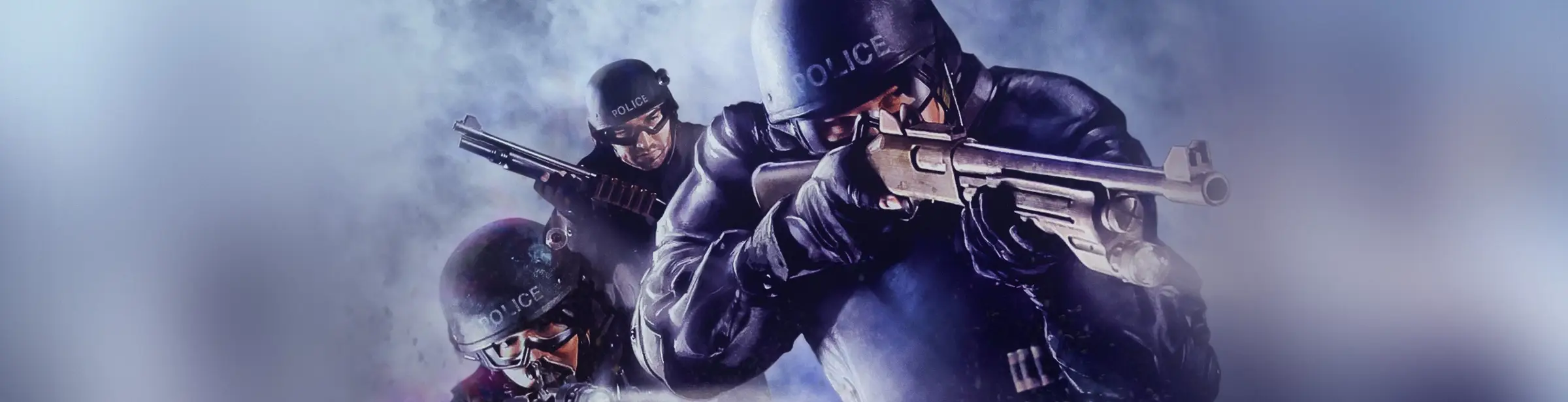 SWAT 4 server hosting: a SWAT team in police helmets advances with shotguns and rifles through blue smoke