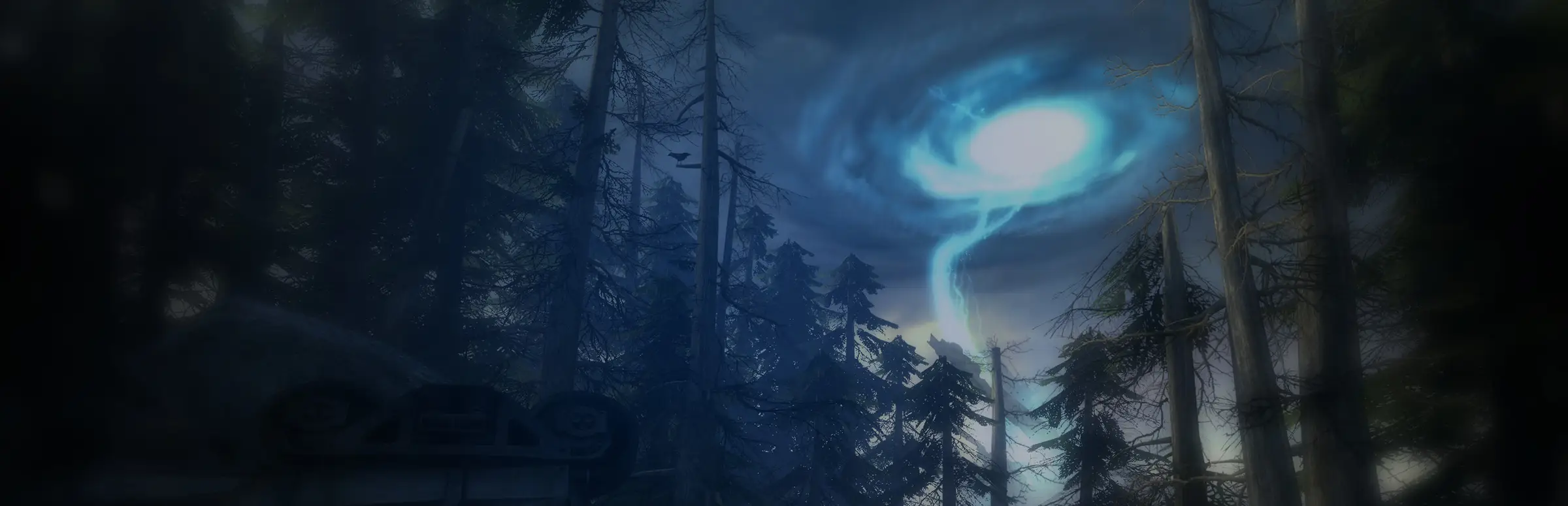 Synergy server hosting: a swirling blue portal storm hangs over a dark pine forest and an overturned train car