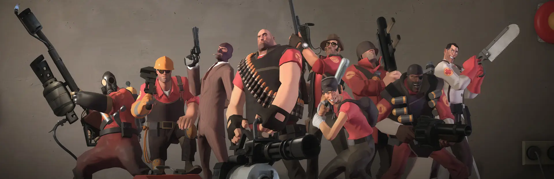 Hosting server TF2: le classi della squadra RED, tra cui Heavy, Engineer, Pyro e Medic, schierate con le loro armi
