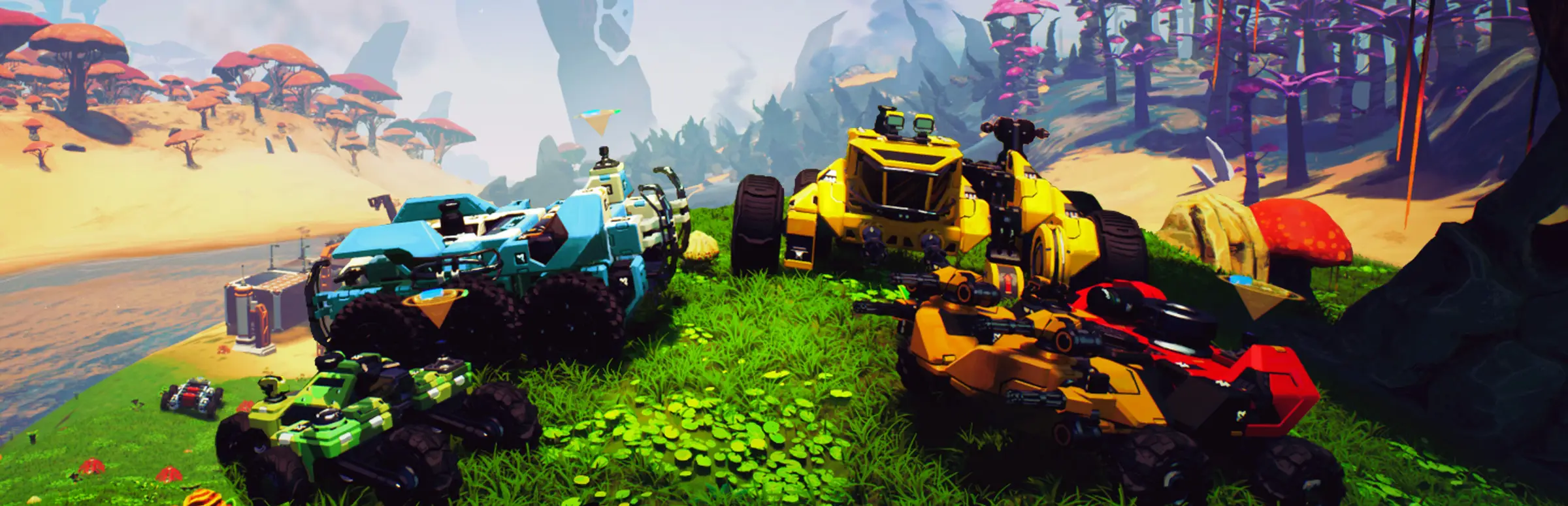TerraTech Worlds server hosting: colourful armoured buggies and a yellow bulldozer on an alien hilltop of giant mushrooms