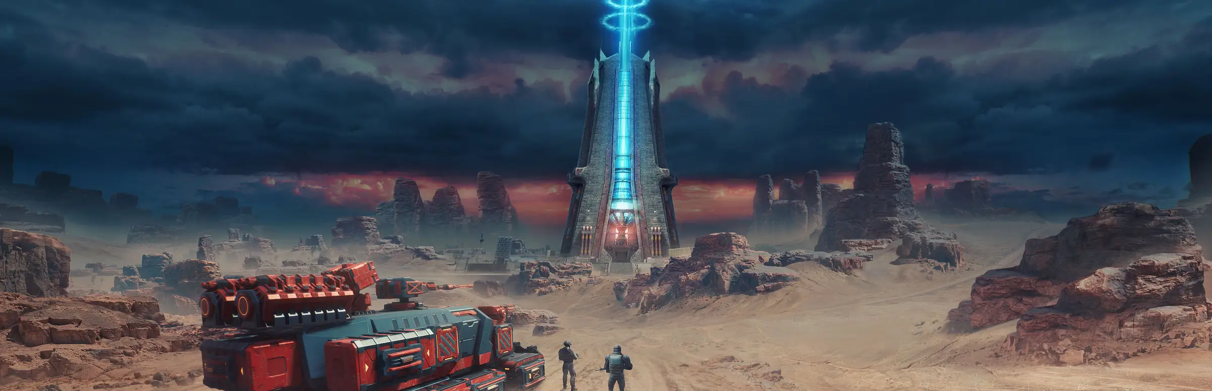 The Front server hosting: two survivors and an armoured truck cross a red-rock desert towards a giant glowing tower