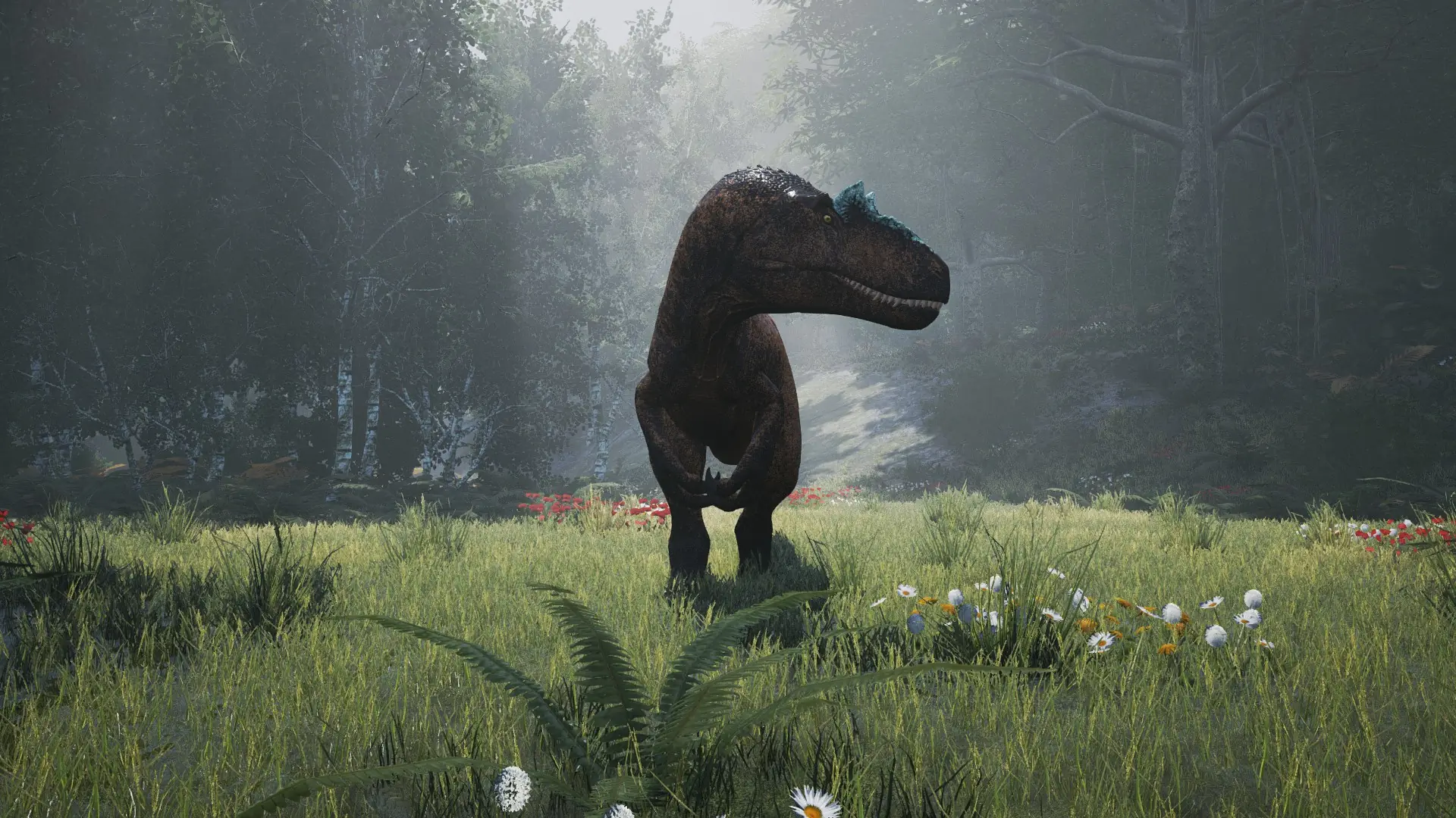 Hébergement serveur The Isle: un grand dinosaure carnivore dans une clairière ensoleillée, au cœur d'une forêt brumeuse