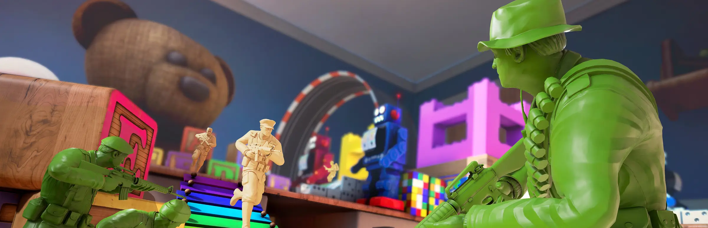 The Mean Greens server hosting: green plastic army men take cover on a toy shelf beside a teddy bear and building blocks
