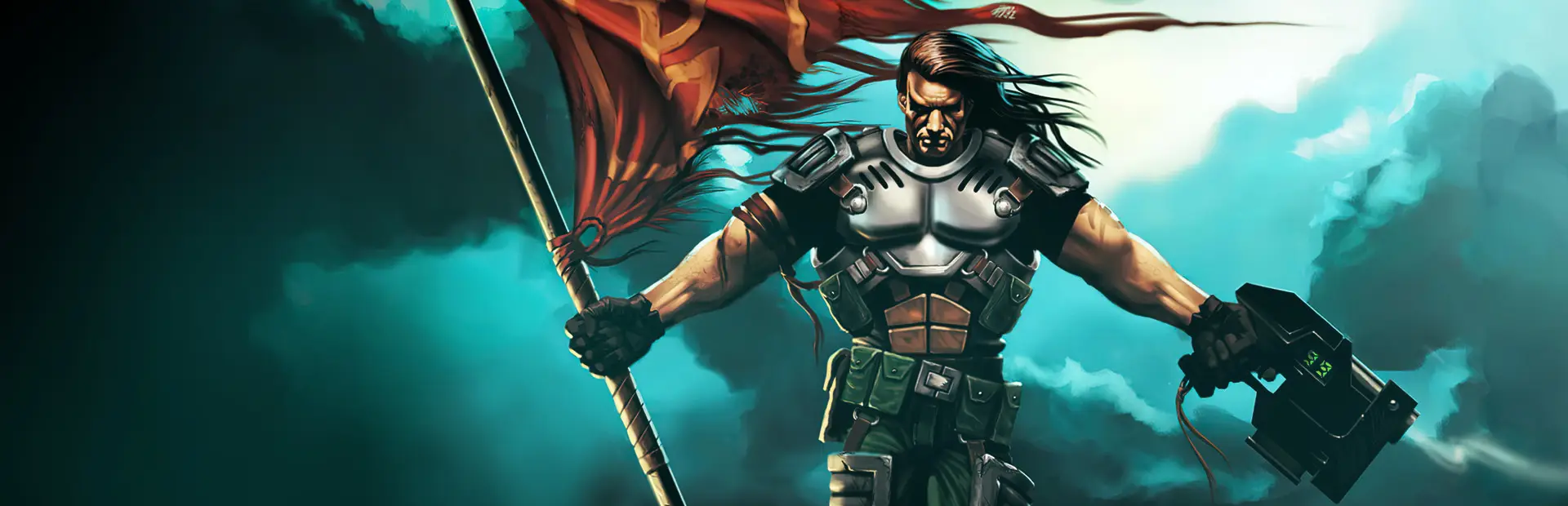Unreal Tournament 1999 server hosting: a long-haired armoured warrior holds a tattered red banner against a teal, cloudy sky