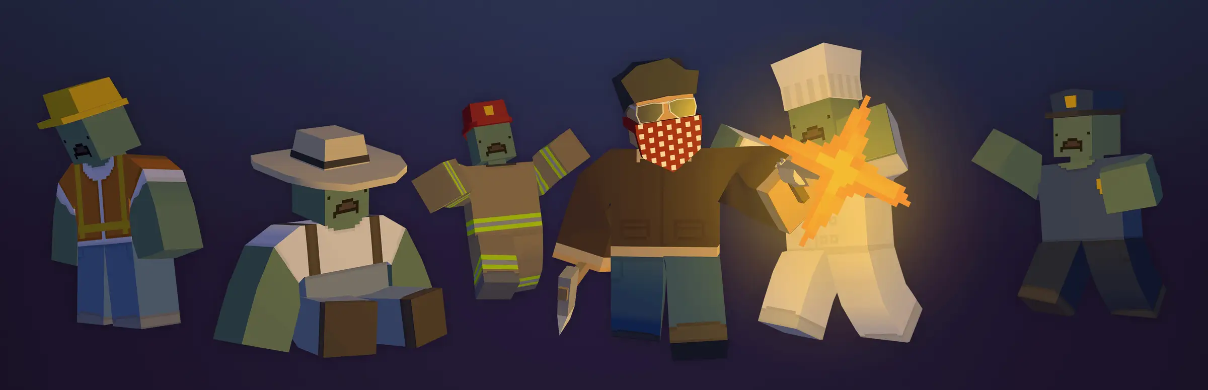 Unturned server hosting: a blocky survivor in a bandana and sunglasses fights off a row of zombies, from a builder and a farmer to a firefighter, a chef and a police officer