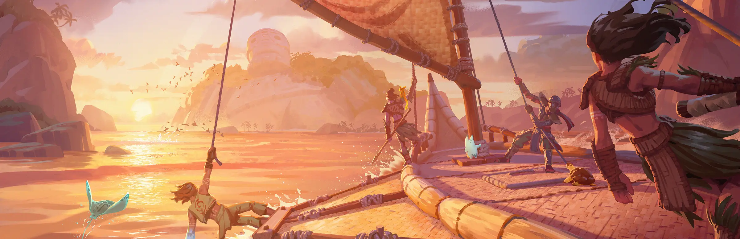 Voyagers of Nera server hosting: a crew hauls ropes on a sailing raft at sunset as one sailor swings out over the sea towards rocky islands